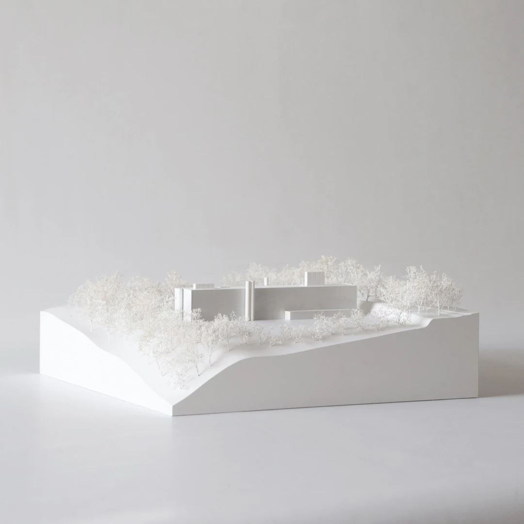 Maquette blanche d’un ensemble de maisons sur un terrain en pente boisé