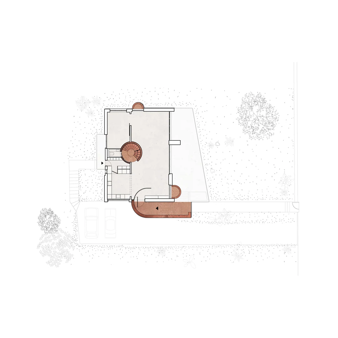 Plan d’une maison aux murs courbes en terre cuite, dans son jardin