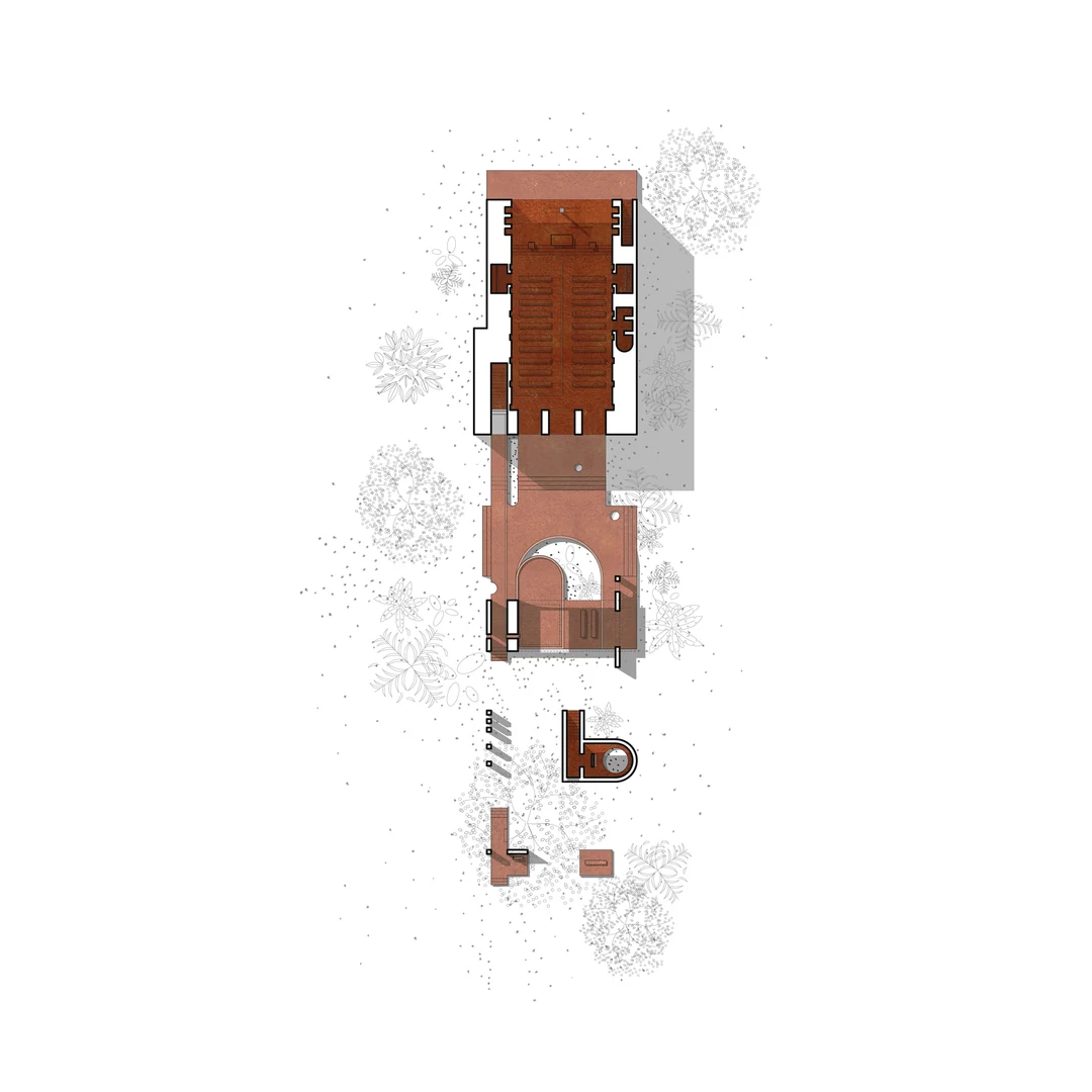 Plan d’une maison en longueur, sols en terre cuite et jardin