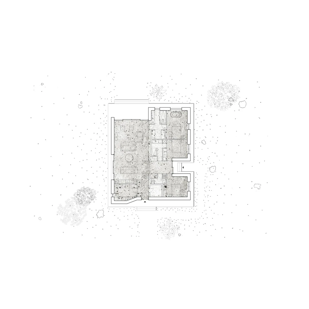 Plan d’une maison et de son extension au milieu du jardin